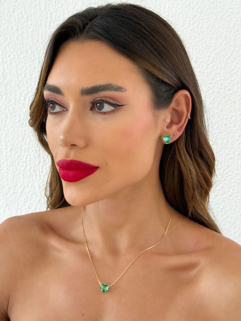 Conjunto Colar e Brinco Folheado a Ouro 18k Coração de Cristal
