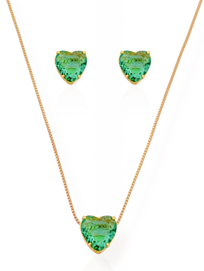 Conjunto Colar e Brinco Folheado a Ouro 18k Coração de Cristal