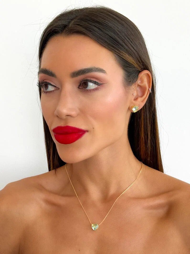 Conjunto Colar e Brinco Folheado a Ouro 18k Coração de Cristal