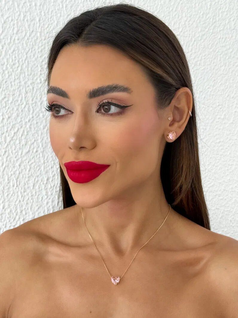 Conjunto Colar e Brinco Folheado a Ouro 18k Coração de Cristal