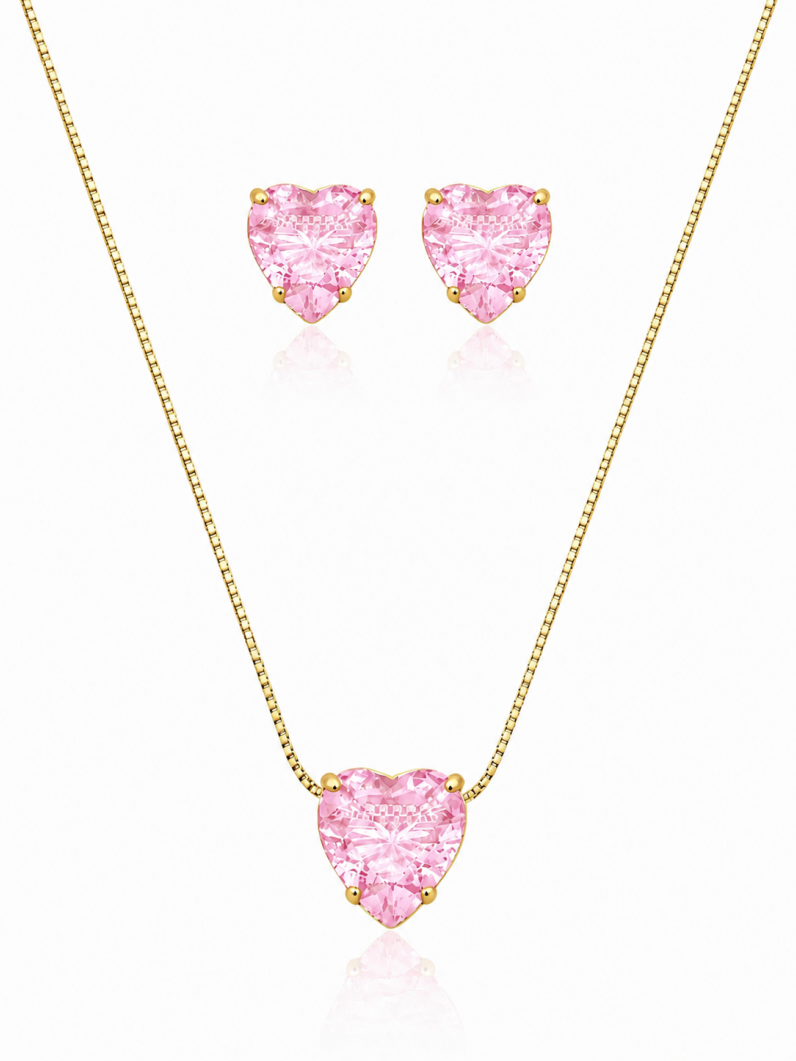 Conjunto Colar e Brinco Folheado a Ouro 18k Coração de Cristal