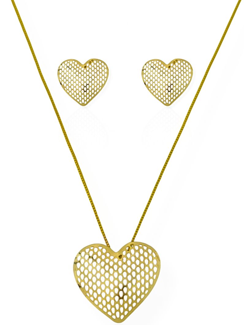 Conjunto Colar e Brinco Folheado a Ouro 18k Coração Design Rede