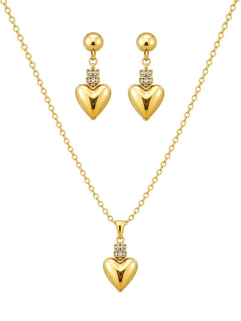 Conjunto Colar e Brinco Folheado a Ouro 18k Coração Liso Com Zirconia