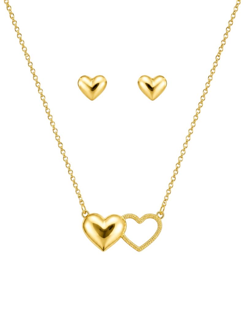 Conjunto Colar e Brinco Folheado a Ouro 18k Coração Liso e Vazado