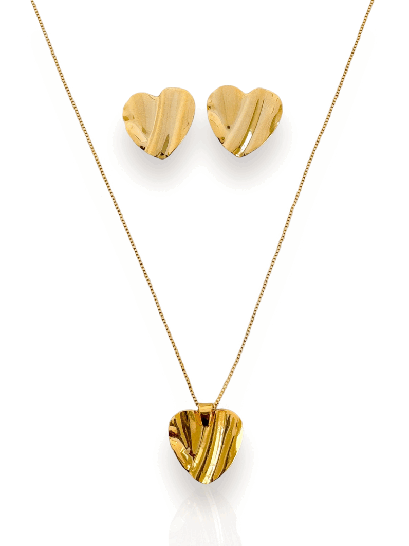 Conjunto Colar e Brinco Folheado a Ouro 18k Coração Martelado