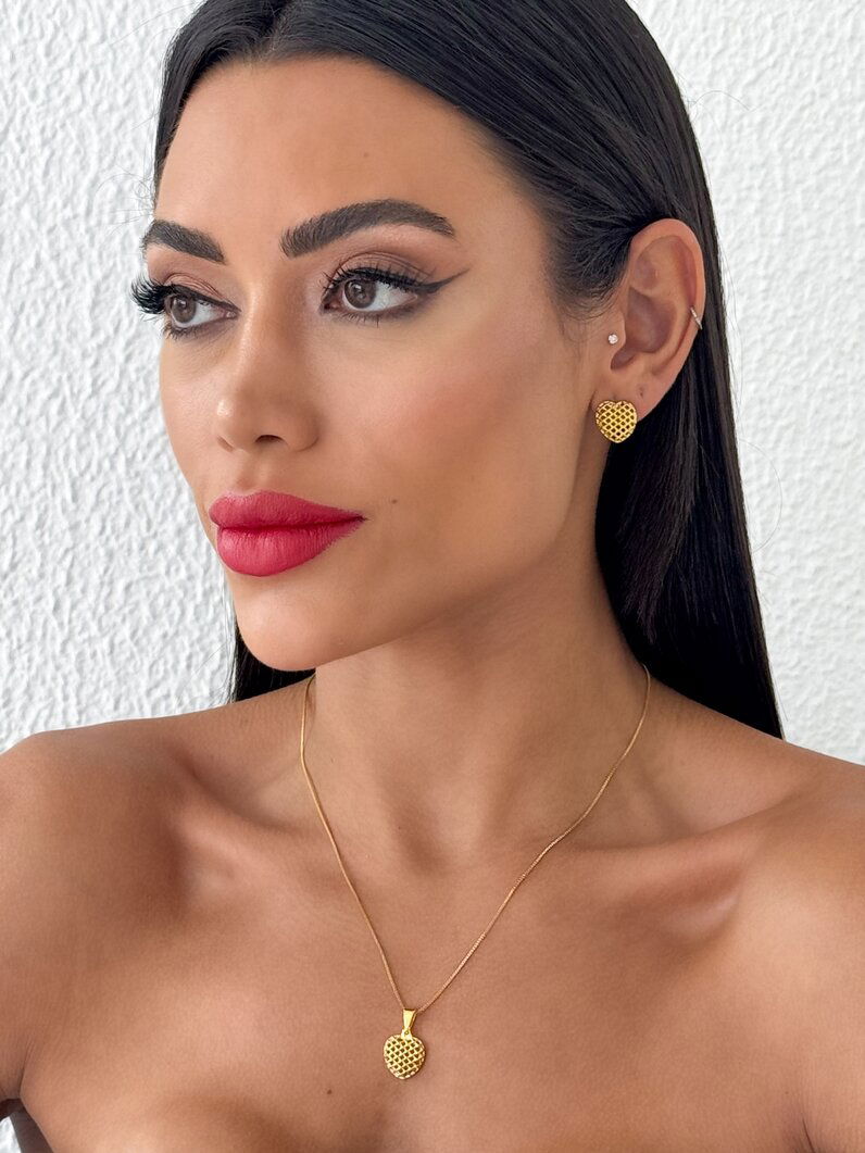 Conjunto Colar e Brinco Folheado a Ouro 18k Coração Trançado