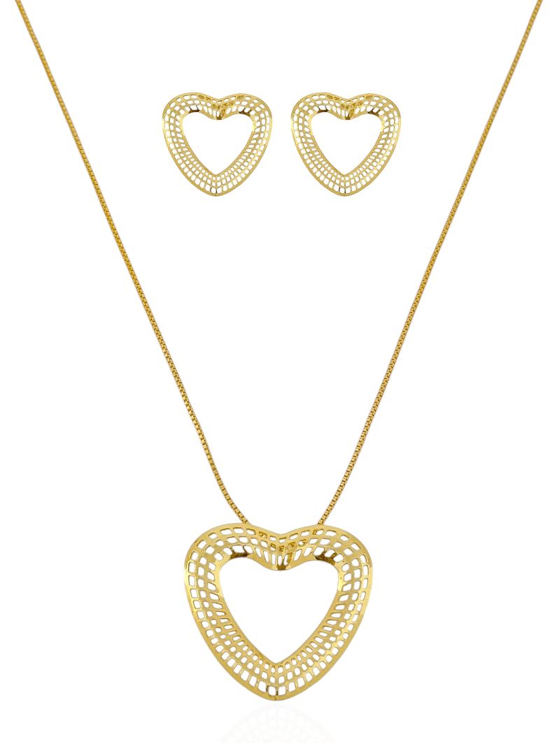 Conjunto Colar e Brinco Folheado a Ouro 18K Coração Vazado
