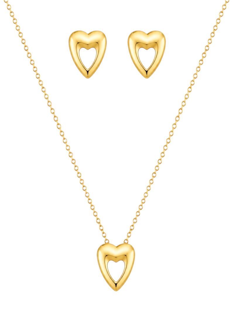 Conjunto Colar e Brinco Folheado a Ouro 18k Coração Vazado
