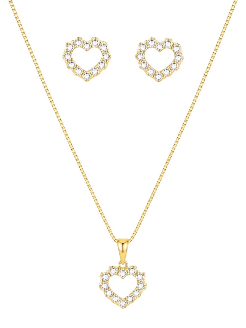 Conjunto Colar e Brinco Folheado a Ouro 18k Coração Vazado Cravejado