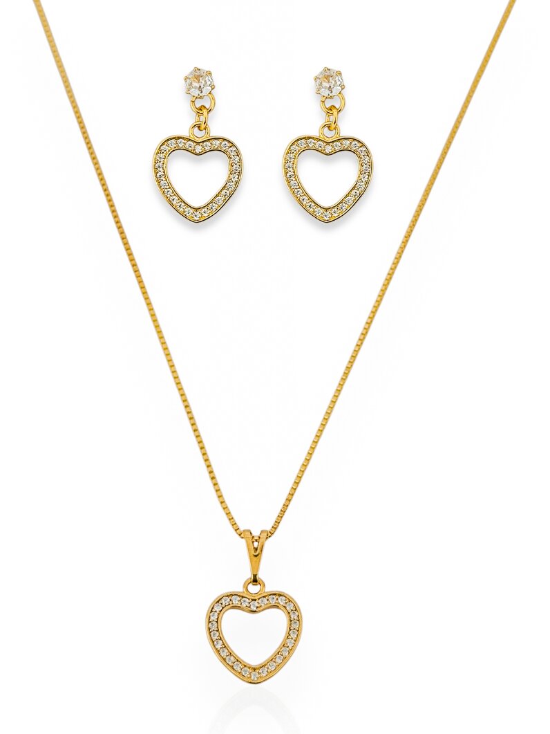 Conjunto Colar e Brinco Folheado a Ouro 18k Corações com Micro Zircônias