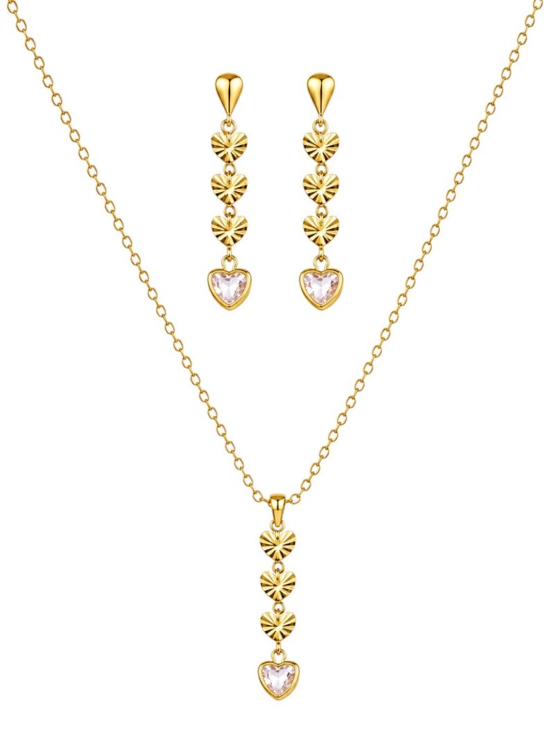 Conjunto Colar e Brinco Folheado a Ouro 18k Corações Texturizados e Cristal