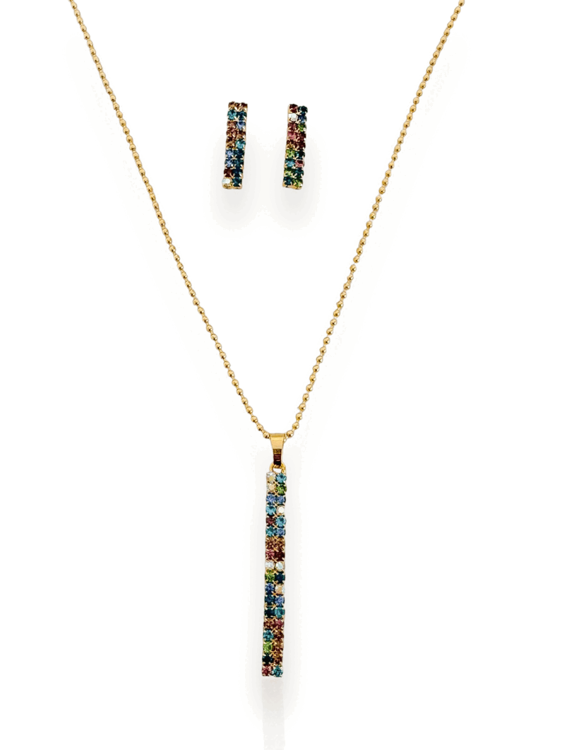Conjunto Colar e Brinco Folheado a Ouro 18k Cravejado Coloridos