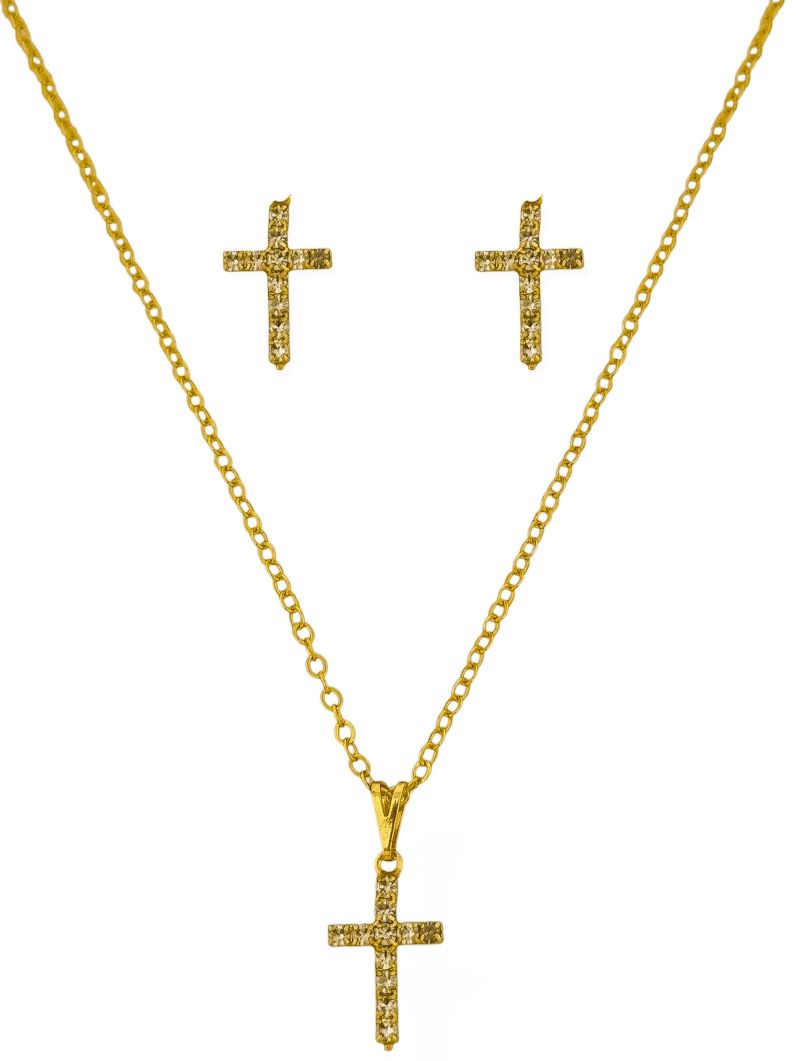 Conjunto Colar e Brinco Folheado a Ouro 18k Cruz Com Zircônias