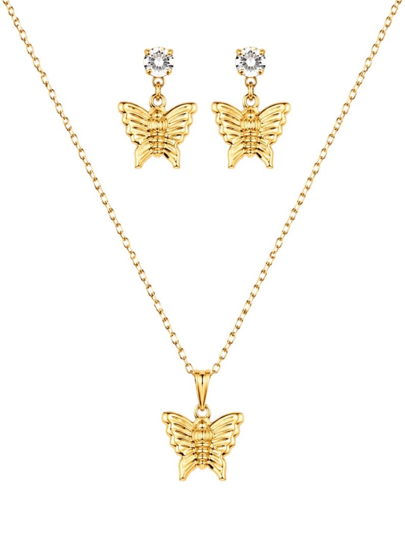 Conjunto Colar e Brinco Folheado a Ouro 18k Design Borboleta e Ponto de Luz