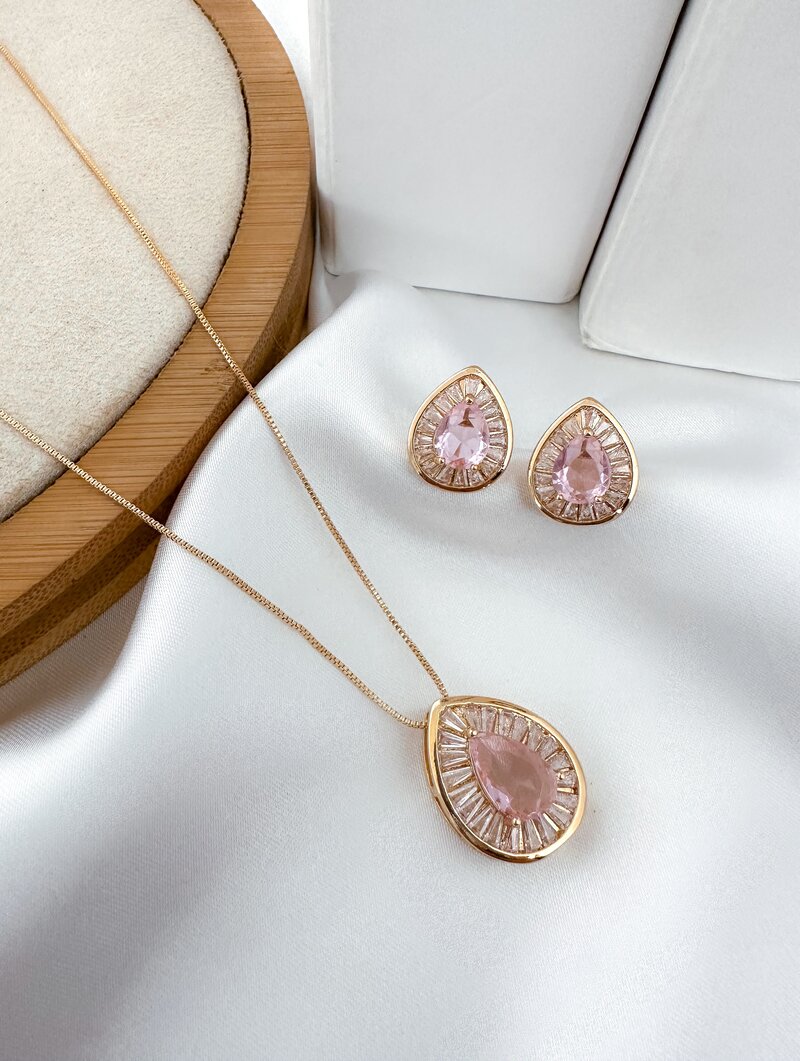 Conjunto Colar e Brinco Folheado a Ouro 18K e a Prata Gota com Navetes e Zirconia