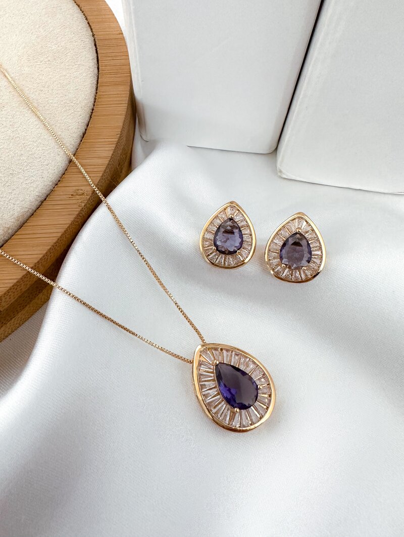Conjunto Colar e Brinco Folheado a Ouro 18K e a Prata Gota com Navetes e Zirconia