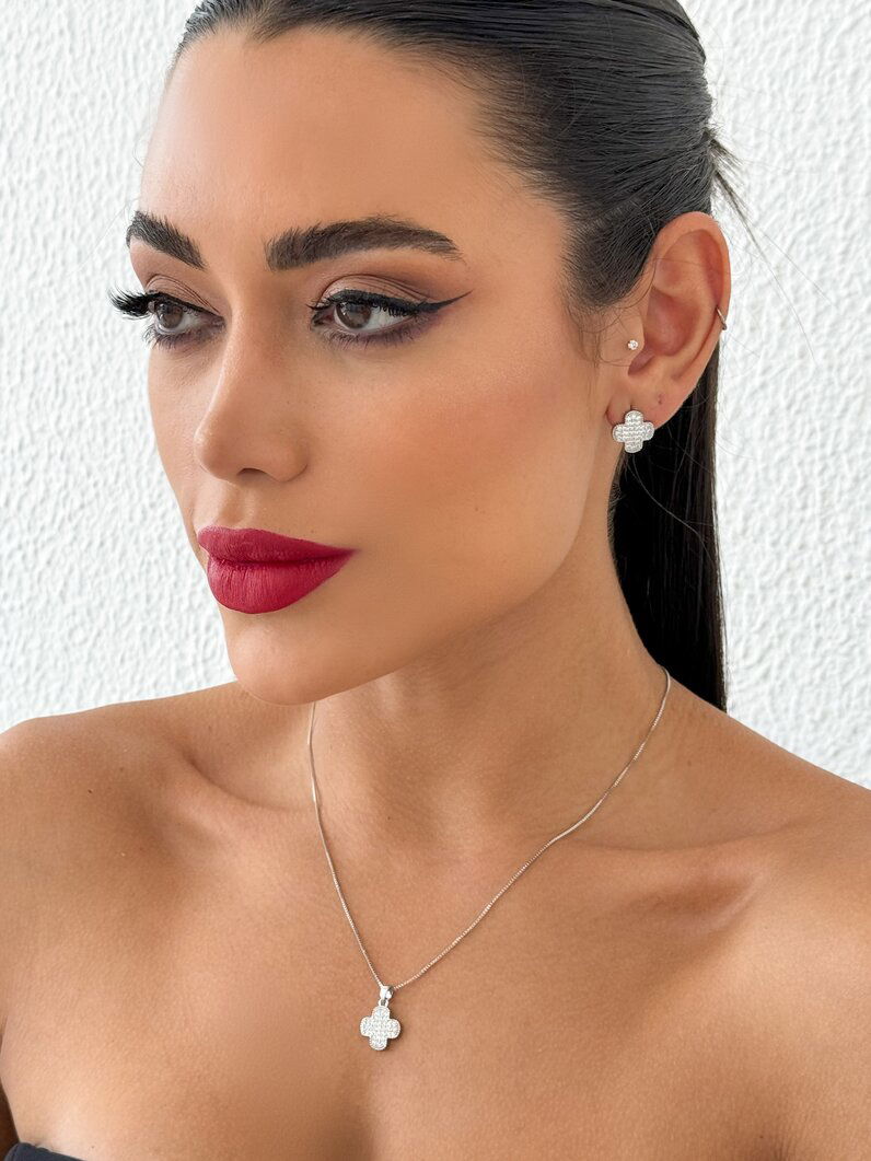 Conjunto Colar e Brinco Folheado a Ouro 18k e Prata, Inspiração Com Micro Zircônia