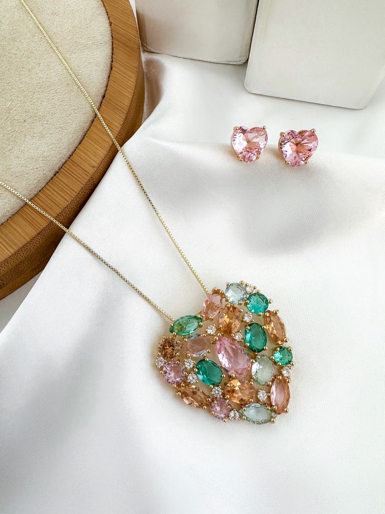 CONJUNTO COLAR E BRINCO FOLHEADO A OURO 18K E PRATA 925 CORAÇÃO COM ZIRCÔNIAS TRABALHADO