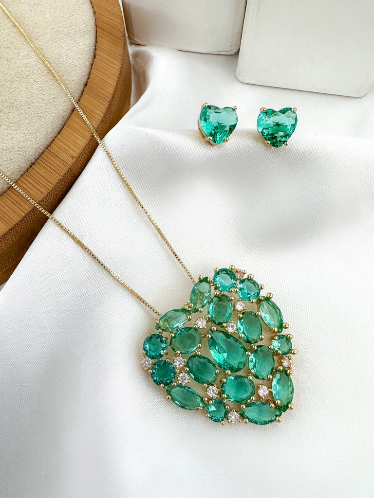 CONJUNTO COLAR E BRINCO FOLHEADO A OURO 18K E PRATA 925 CORAÇÃO COM ZIRCÔNIAS TRABALHADO