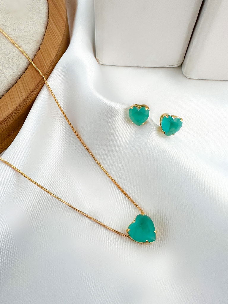 conjunto colar e brinco folheado a ouro 18k e prata 925 coração de zircônia