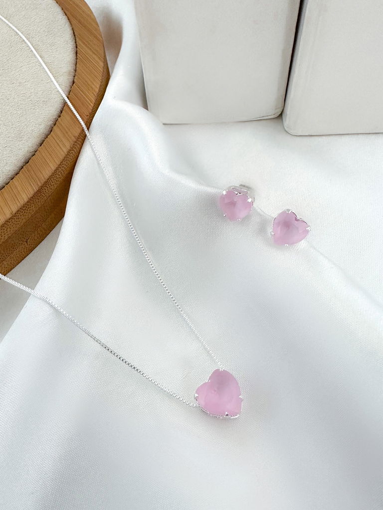 conjunto colar e brinco folheado a ouro 18k e prata 925 coração de zircônia