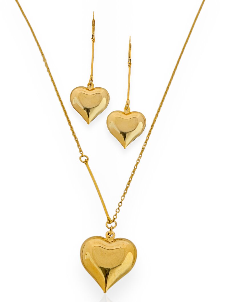 Conjunto Colar e Brinco Folheado a Ouro 18k e Prata 925 Corações Lisos