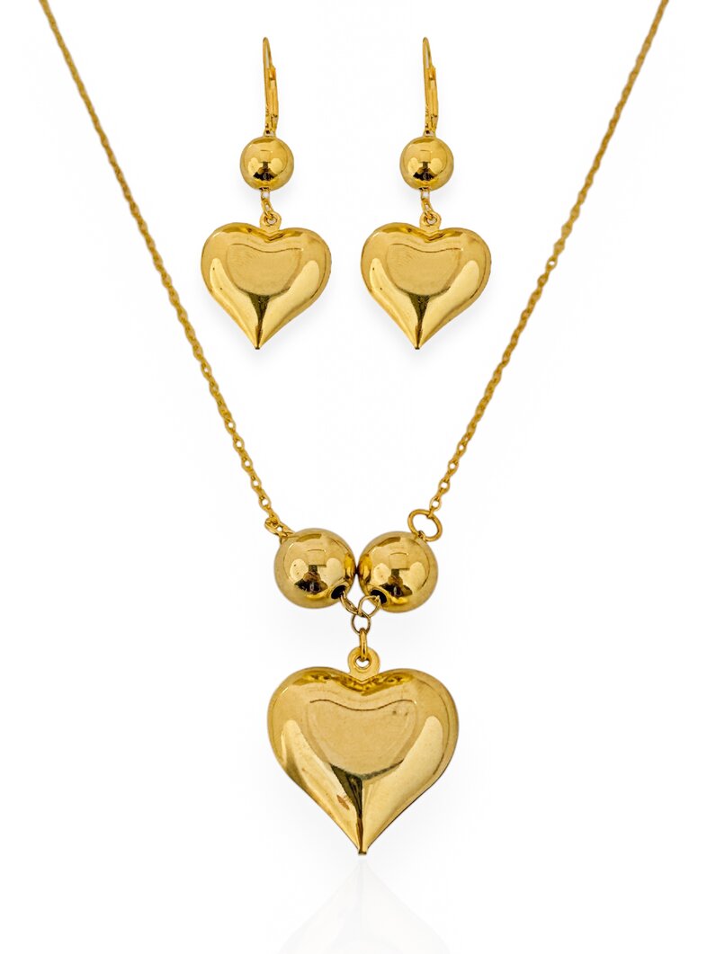 Conjunto Colar e Brinco Folheado a Ouro 18k e Prata 925 Corações Lisos e Esferas