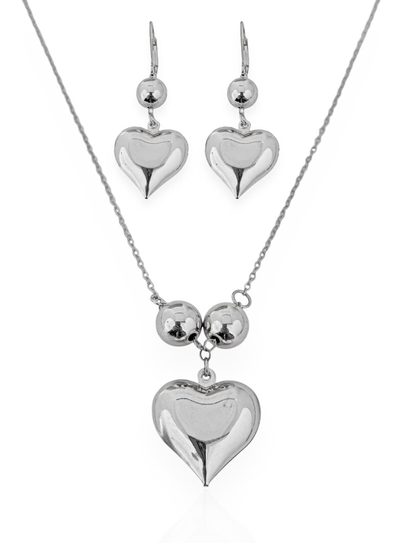 Conjunto Colar e Brinco Folheado a Ouro 18k e Prata 925 Corações Lisos e Esferas