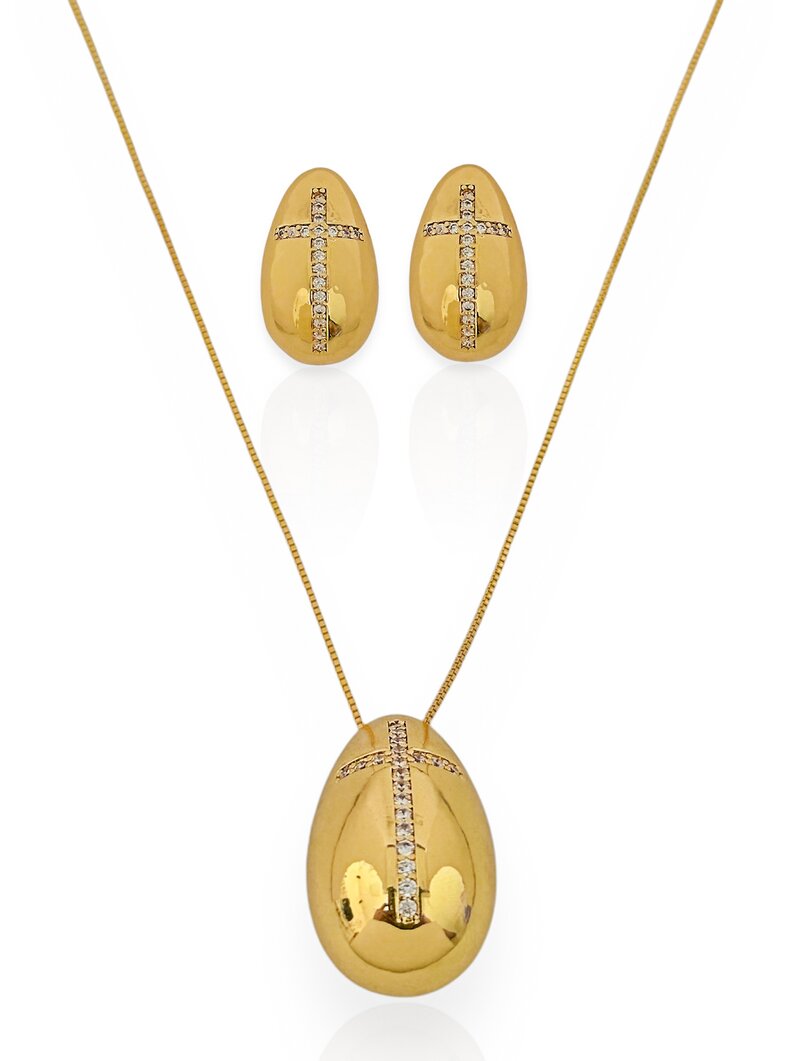 Conjunto Colar e Brinco folheado a Ouro 18k e Prata 925 Gota com Cruz de Zircônia