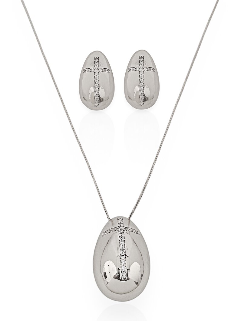 Conjunto Colar e Brinco folheado a Ouro 18k e Prata 925 Gota com Cruz de Zircônia