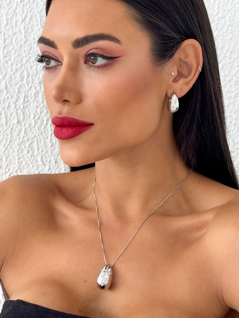 Conjunto Colar e Brinco folheado a Ouro 18k e Prata 925 Gota com Cruz de Zircônia