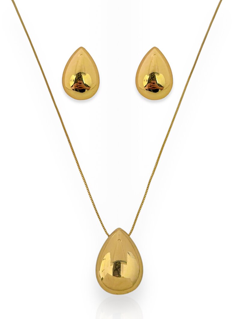 Conjunto Colar e Brinco Folheado a Ouro 18k e Prata 925 Gota Lisa