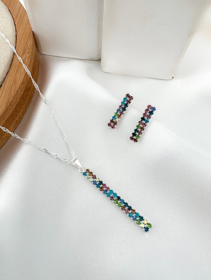 Conjunto Colar e Brinco Folheado a Ouro 18k e Prata 925 Micro Zircônias Coloridas