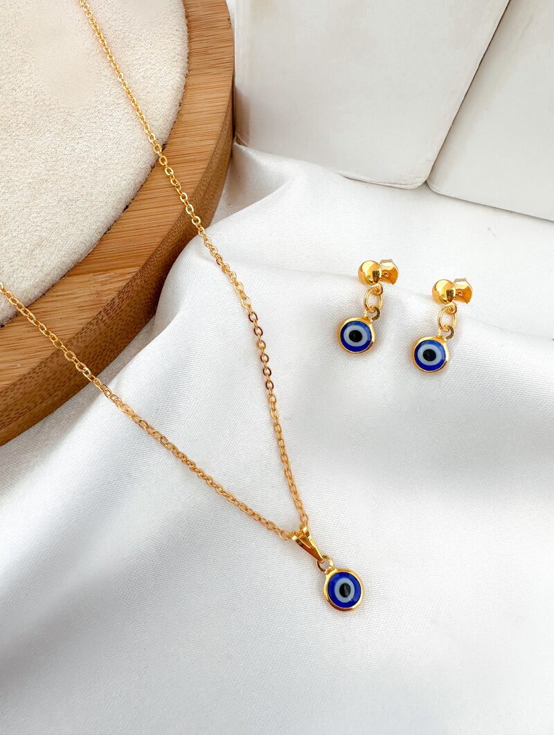 Conjunto colar e brinco folheado a ouro 18k e prata 925 Pingente Olho Grego