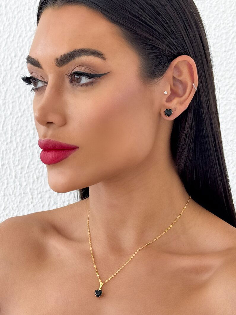 Conjunto Colar e Brinco Folheado a Ouro 18k e Prata 925 Ponto de Luz Coração