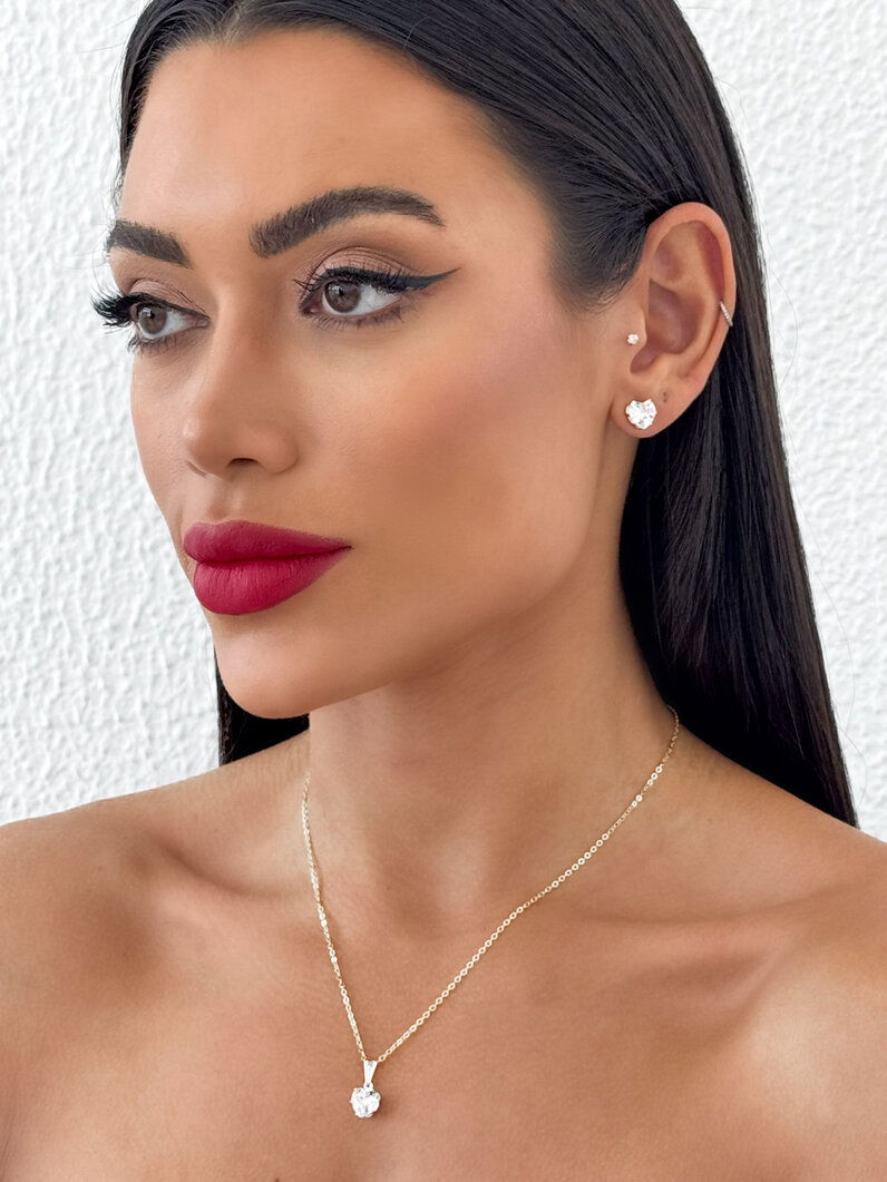 Conjunto Colar e Brinco Folheado a Ouro 18k e Prata 925 Ponto de Luz Coração