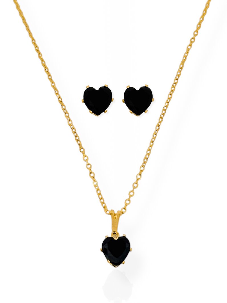 Conjunto Colar e Brinco Folheado a Ouro 18k e Prata 925 Ponto de Luz Coração