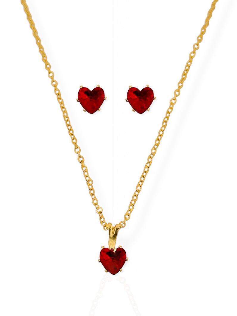 Conjunto Colar e Brinco Folheado a Ouro 18k e Prata 925 Ponto de Luz Coração