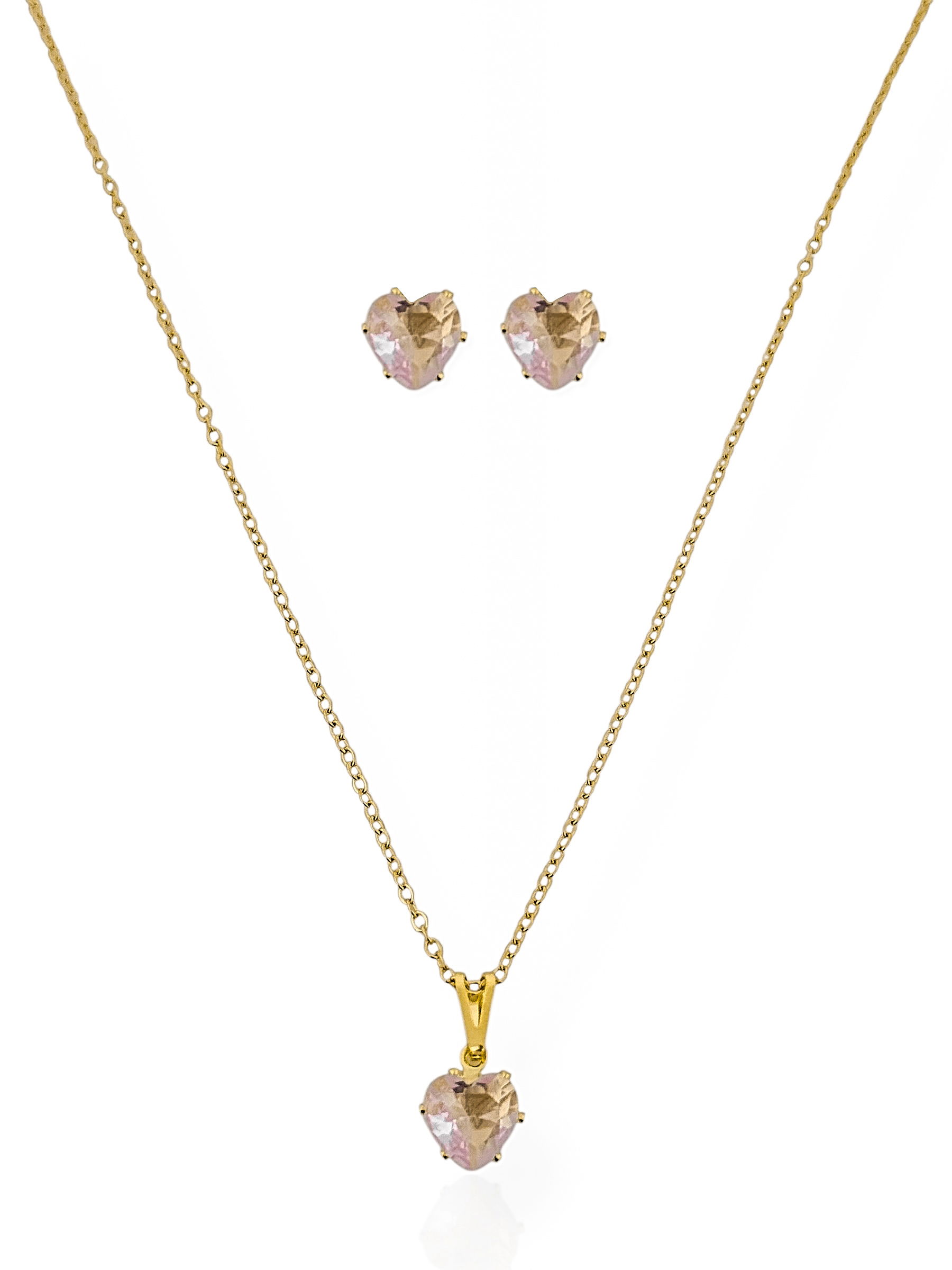Conjunto Colar e Brinco Folheado a Ouro 18k e Prata 925 Ponto de Luz Coração