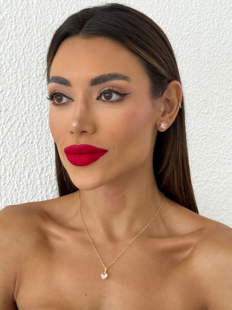 Conjunto Colar e Brinco Folheado a Ouro 18k e Prata 925 Ponto de Luz Coração