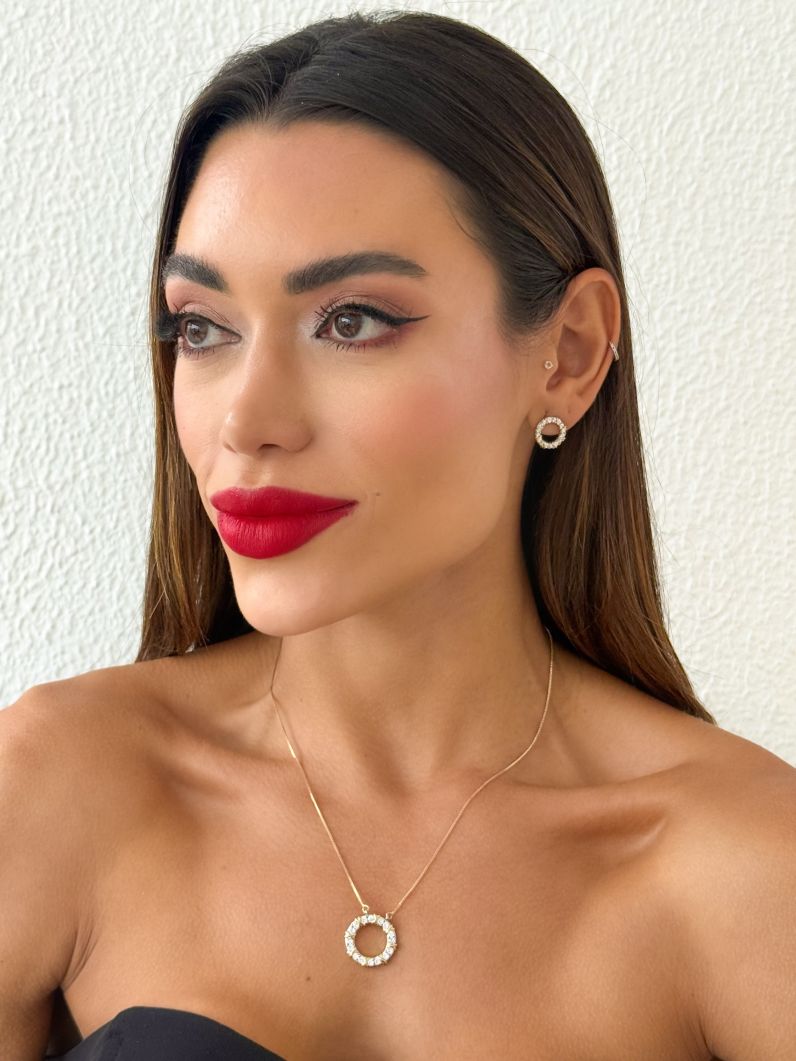 Conjunto Colar e Brinco Folheado a Ouro 18k e Prata Anel Cravejado Inspi. Joalheria