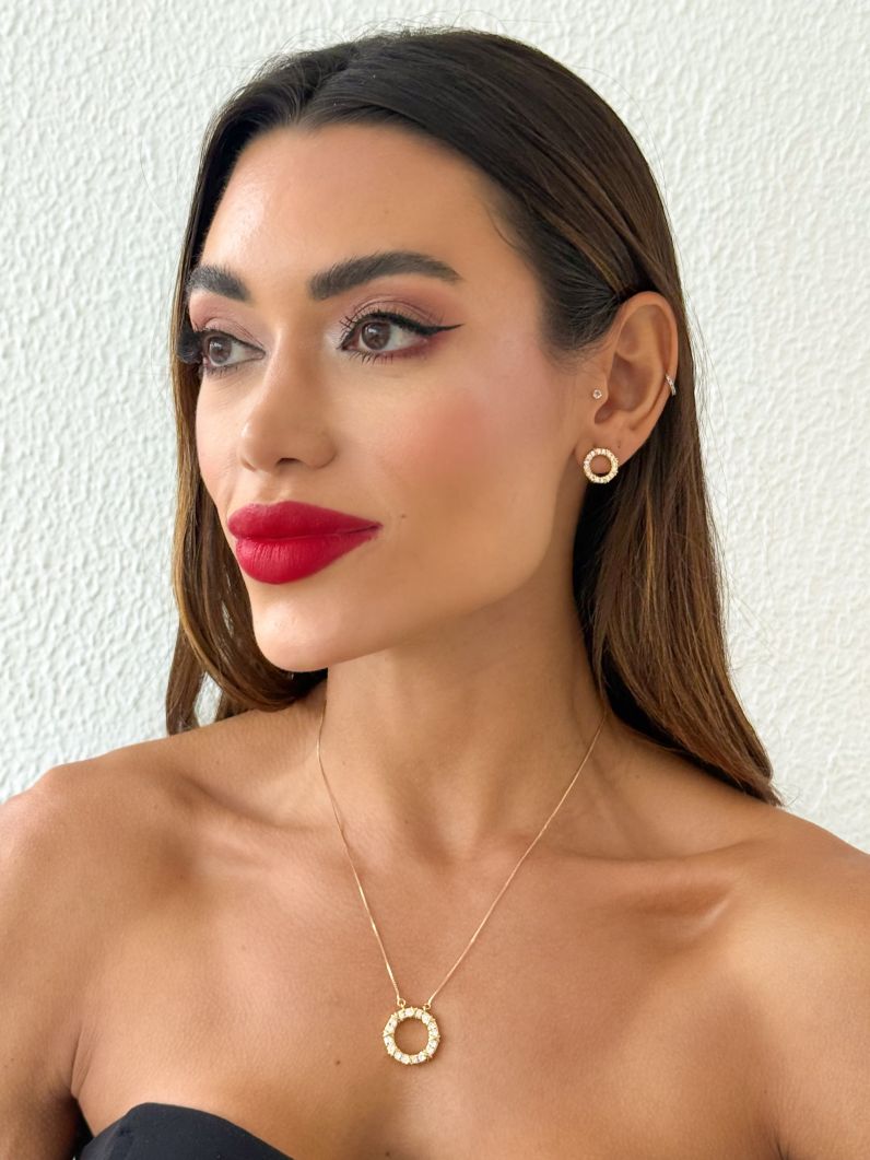 Conjunto Colar e Brinco Folheado a Ouro 18k e Prata Anel Cravejado Inspi. Joalheria