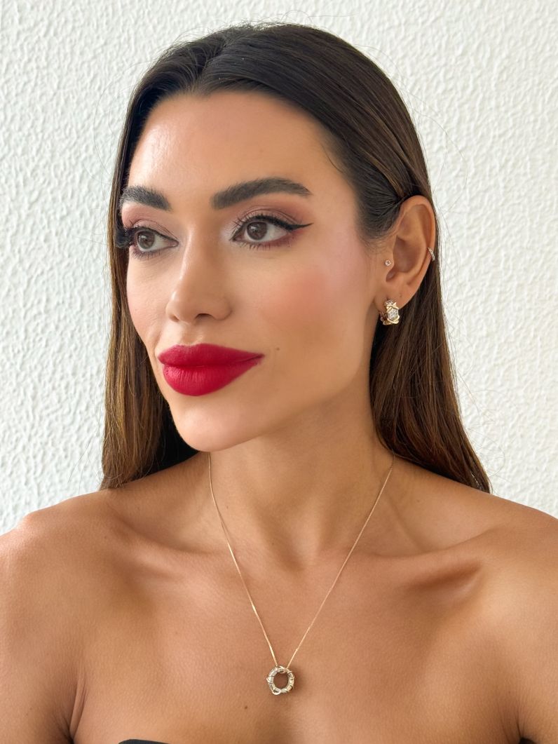 Conjunto Colar e Brinco Folheado a Ouro 18k e Prata Argola Cravejado Inspi. Joalheria