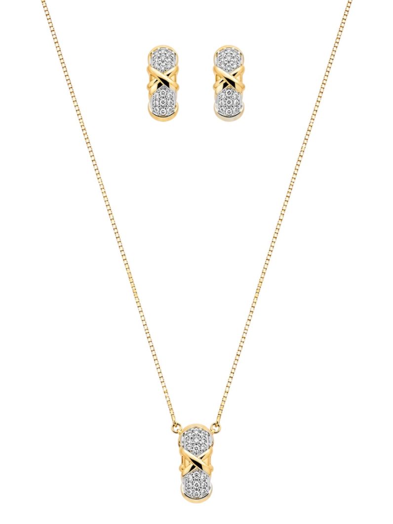 Conjunto Colar e Brinco Folheado a Ouro 18k e Prata Argola Cravejado Inspi. Joalheria