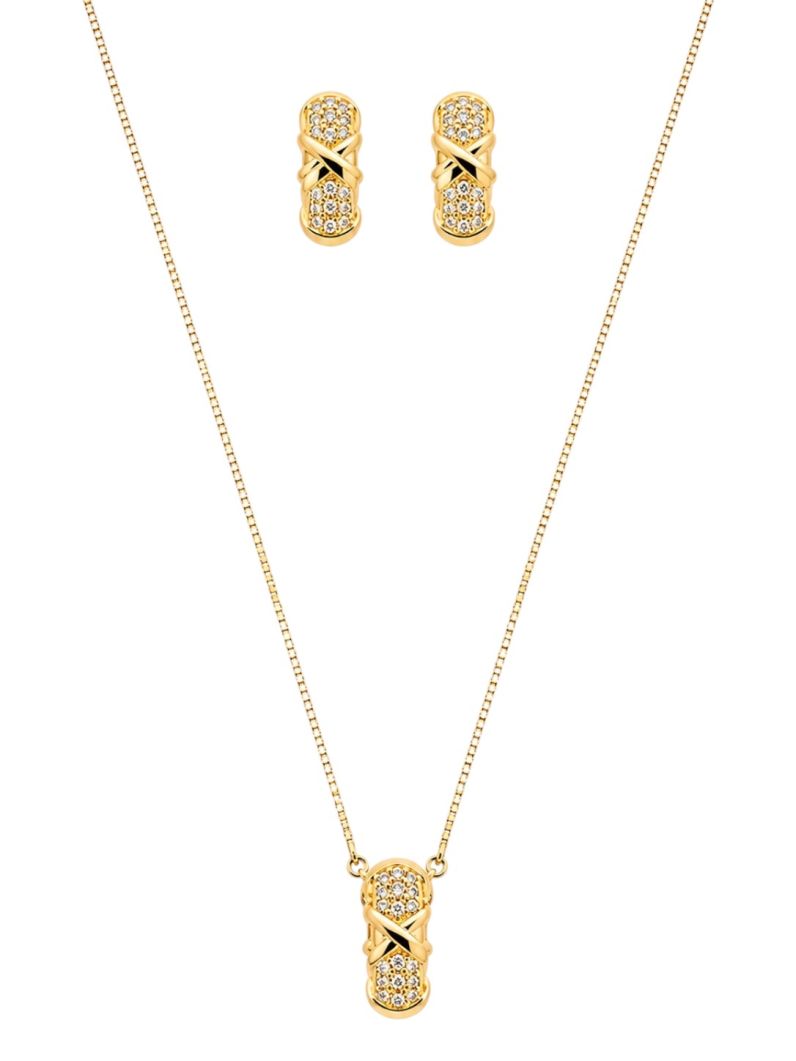 Conjunto Colar e Brinco Folheado a Ouro 18k e Prata Argola Cravejado Inspi. Joalheria