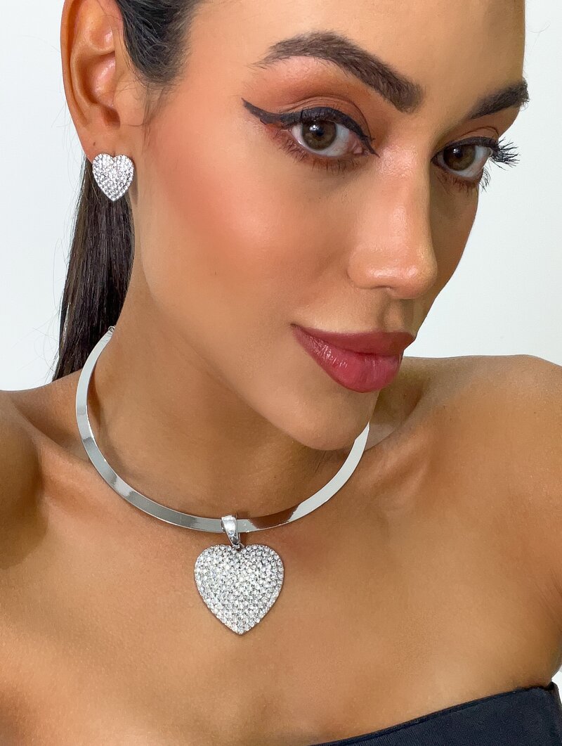 Conjunto Colar e Brinco Folheado a Ouro 18k e Prata Aro Coração Cravejado