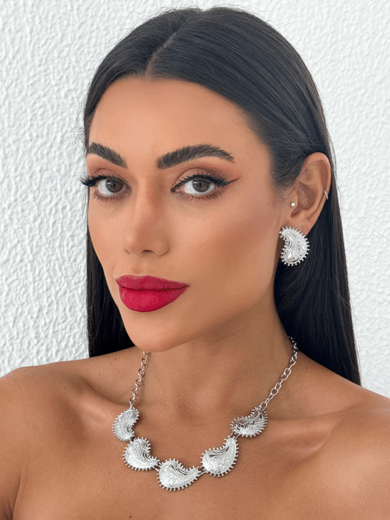 Conjunto Colar e Brinco folheado a ouro 18k e Prata Aro Gota Toda Trabalhada M