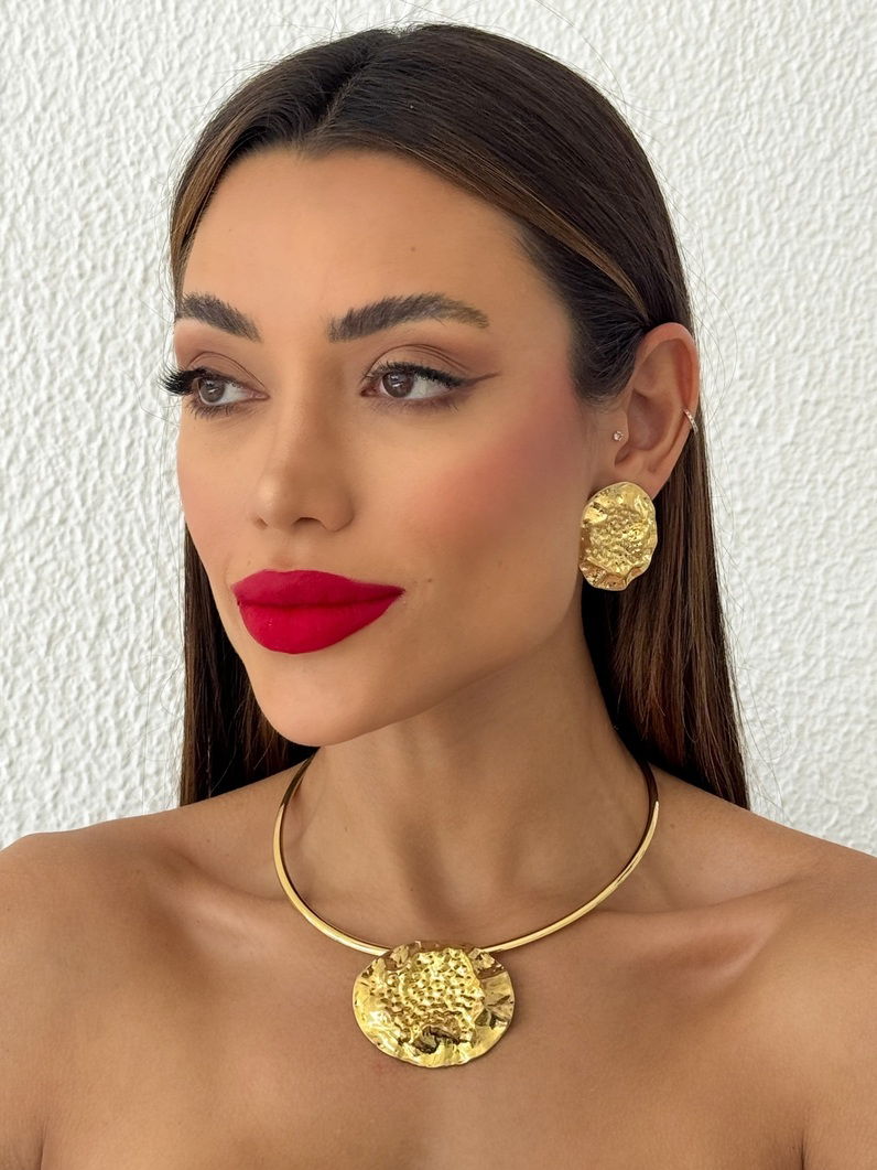 Conjunto Colar e Brinco Folheado a Ouro 18k e Prata Aro Martelado