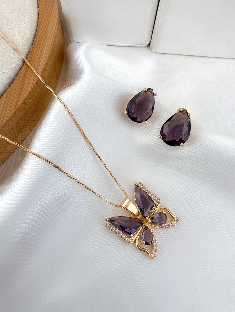 Conjunto Colar e Brinco Folheado a Ouro 18k e Prata Borboleta com Pedraria