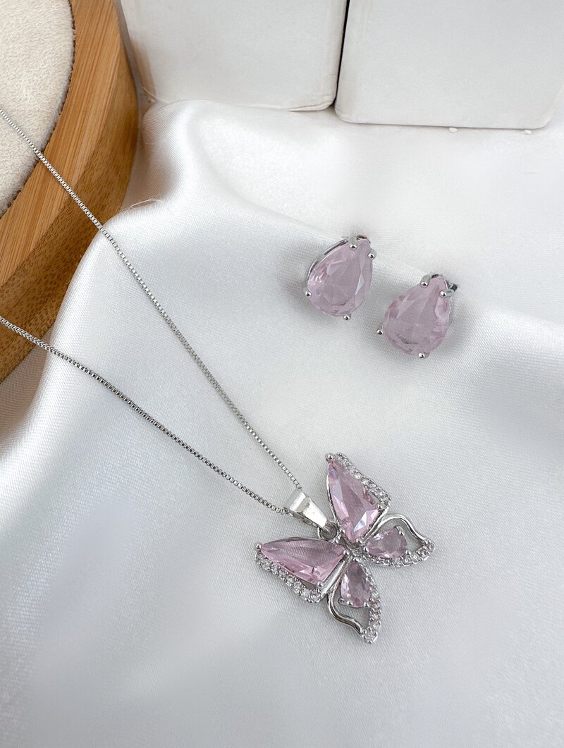 Conjunto Colar e Brinco Folheado a Ouro 18k e Prata Borboleta com Pedraria